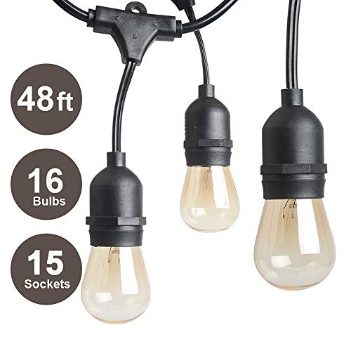T-mark 48 Ft Commercial Grade Outdoor String Lights with 15 x E26 Sockets