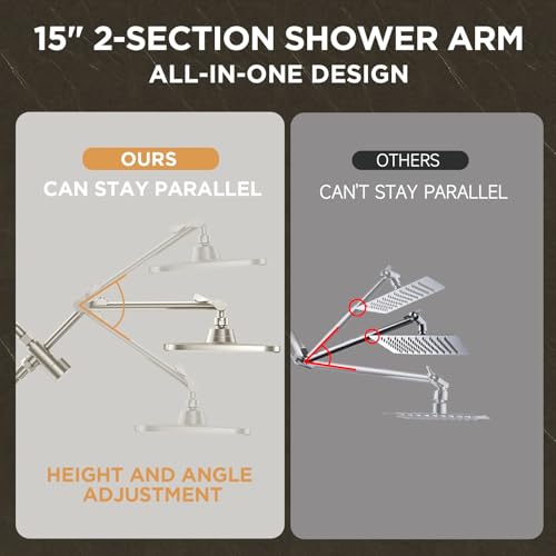 Veken 11.8'' Rain Brushed Nickel Shower Head with Handheld Spray Combo, Extension Arm for Rainfall Showerhead, Muti-modes Massage High Pressure Hand Held Shower Heads with Hose, Anti-Clog Nozzles