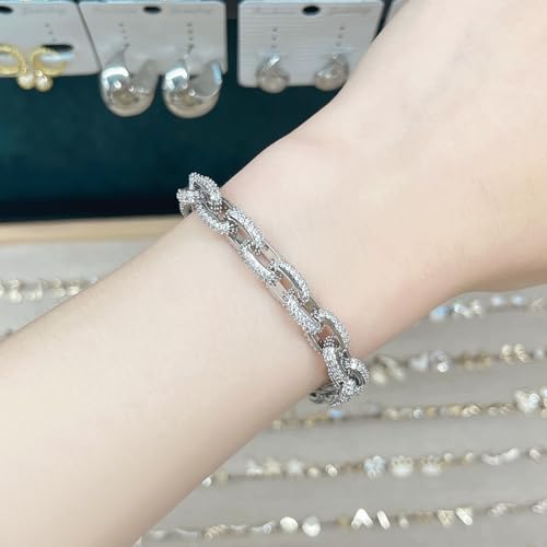 Silver Plated White Cubic Zirconia Pave Bracelet,Bling CZ O-chain Hip Hop Cuban Bracelets Tennis Bracelet for Women Men Jewelry,7.2"4