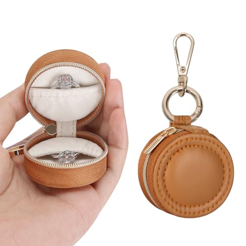 KUKUVR Jewelry Ring Holder Box with Keychain, Portable Gym Jewelry Storage Box Case, Small Travel Ring Earring Stud Necklace Storage Case (Brown)