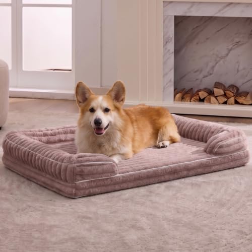 VoltaEcho Orthopädisches Hundebett für Große Hunde – Hundesofa Abziehbar mit Kunstfell (Kaninchenfell-Optik), 100% Wasserdicht & rutschfest, Kaffeebraun (Kaffeebraun, L 75 x W 50 x H 17 cm)