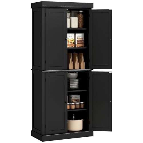 Image of HOMCOM 72.5 inch Tall Kitchen Pantry Cabinet, Freestanding Modern Farmhouse Kitchen Storage Cabinet with 4 Doors and 2 Adjustable Shelves for Dining Room, Black
