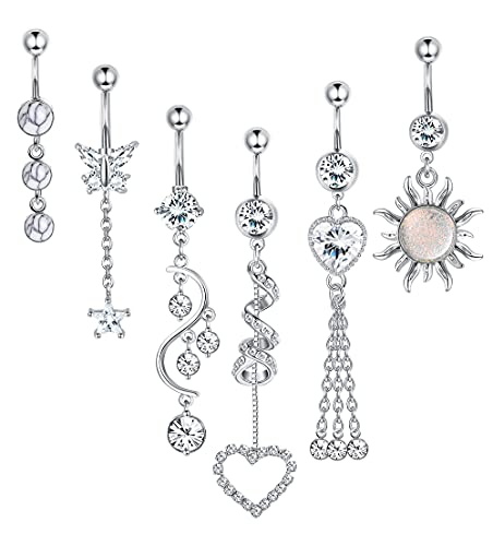 ORAZIO 14G Dangle Belly Button Rings Surgical Steel Belly Rings for Women Navel Piercing Jewelry Dangly Bellybutton Ring Silver Rose Gold Belly Ring Pack Heart Dangling Belly Piercing 10mm