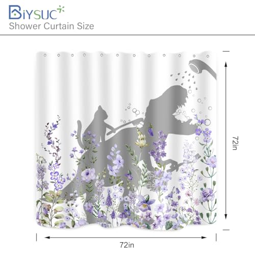 Image of Cat Dinosaur Shower Curtain Funny Cat Help Dino Bathe Behind Purple Wildflowers Blossom Trex Silhouette Shadow for Kids Bathroom Decor Waterproof Polyester Fabric 72Lx72W Inch with Hooks