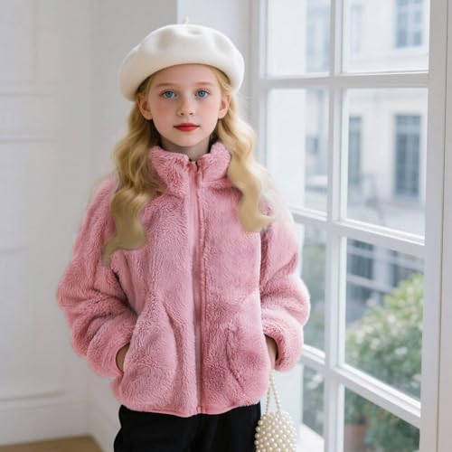 Fleece Zip Up Jacket for Teen Girls Standing Collar Solid Color Long Sleeve Coat Kids Girls Cute Warm Outwear3