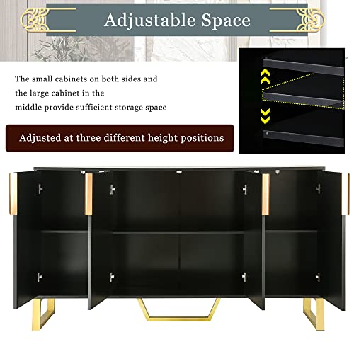 Modern Luxury Buffet Sideboard Storage Cabinet With Gold Metal Legs & Handles,4 Door Cupboard Kitchen Sideboard With Adjustable Shelves,Living Room Dining Room Entyway Console Table (Black, 4 Door) #TOP3
