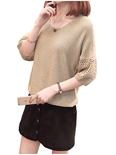 [オーバーザムーン] レディース 秋ニット 七分袖 五分袖 バルーン袖 鍵編み 秋カラー 秋服 トップス きれい目 キレイ目 シンプル Uネック おしゃれ 無地 かわいい ボリュームスリーブ フェミニン プルオーバー ユッタリ 着痩せ 体型カバー フンワリ パフスリーブ ラウンドネック ベーシック 華奢見せ タイト 細見え スタイルアップ 上品 清楚 ぽわん袖 二の腕カバー OM18 BE L