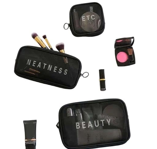 (ONLY POUCHES) Travel Nylon Mesh Makeup Bags Set 3 Pieces See Through Zipper Pouch Travel Cosmetic And Toiletry Kit Organizer Bag 3 Pack Of S M L 3-in-1-mkup-nvyblu-09-14 SB-P9281