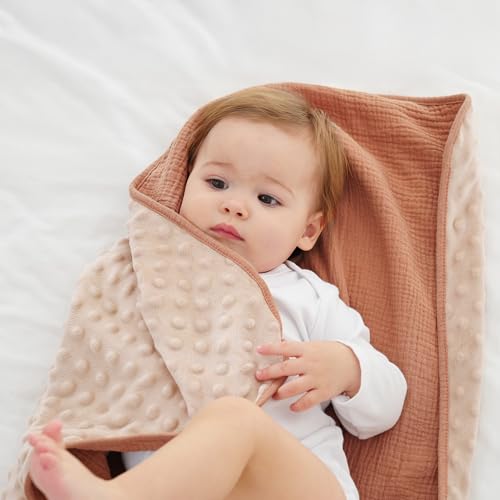 Image of Susurration Baby Blanket for Unisex Boys Girls, 2 Pack Soft Fluffy Crib Blankets with Muslin Cotton Front and Dotted Fleece Back, Receiving Blanket for Baby Newborn Infant, 30x40in, Beige Sun&Brown