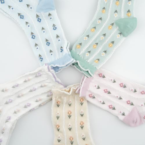 Image of Womens Cotton Crew & Ankle Socks, Cute Floral Ruffle Colorful Tube Size 6-9