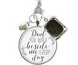 Wedding Bouquet Charm Dad You Walk Beside Me White Bride Father Remember Photo Silver Finish Jewels