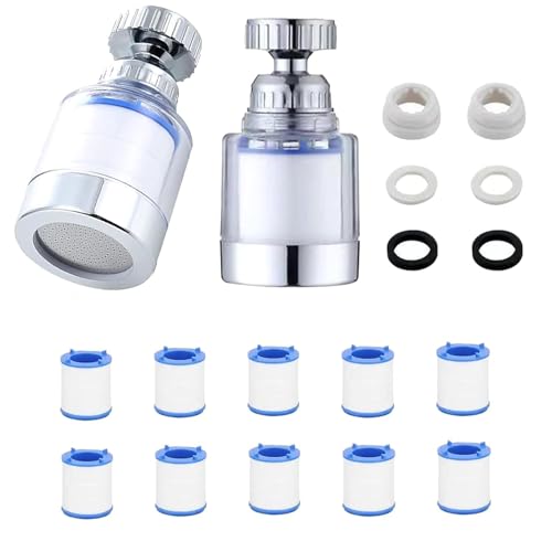 2 Stück Wasserfilter für Wasserhahn 360 Wasserhahn Filter Wasserfilter Wasserhahn mit 10 Stück Austauschbar Baumwollfilterelement Wasserhahn Entkalker Aufsatz für Küche Spüle Home Badezimmer