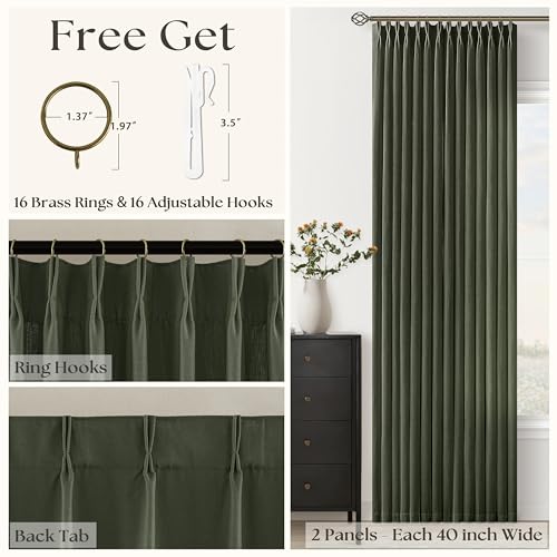 Image of Dark Green Pinch Pleated Semi Sheer Linen Curtains 90 Inch Long for Bedroom | Hunter Green, Light Filtering Privacy, Living Room Classroom, Faux Textured, Hook Rings Memory Shape, Elegant Luxury, Drapes
