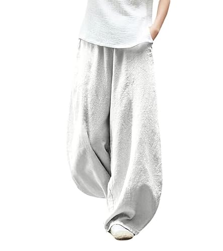 ZOCAVIA Japanese Style Lantern Pants for Women Summer Baggy Boho Floral Wide Leg Pants Elastic Hippie Trouser with Pockets - 4X-Large - Solid Color White