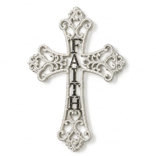 Comfy Hour 13.8" White Cross for Wall Decor, Decorative FAITH Word Art Religious Plaque, Artisan Crafted Victorian Hollow Out Resin Sculpture, Home Sanctuary Accent, 1 Piece