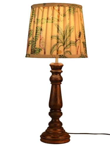 Image of Green Girgit Classic Wooden Lamp in Walnut Brown Color with Pleeted Multiolor Green Shade, Vintage Wooden Table Lamp with Tropical Print Shade, Decorative Light for Bedroom (LED Bulb Included)