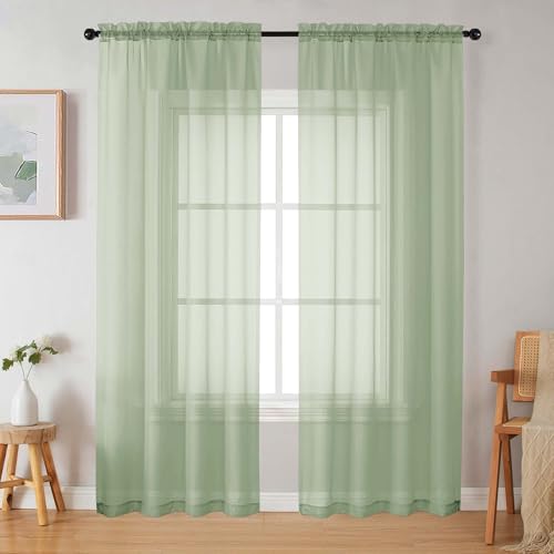 WelvetBLK Light Green Sheer Curtains 84 Inches Long 2 Panels Set for Bedroom Living Room, Soft Airy Light Filtering Modern Solid Rod Pocket Drapes Window Treatments, Light Green, Each 42" W x 84" L