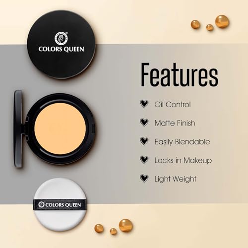 Image of Colors Queen Luminous Silk Compact Powder with Argan Oil - 10g | Oil Control, Matte Pressed Powder with Lightweight Formula | Long Lasting Compact Powder for Face Makeup (Warm Honey)