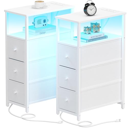 TUTOTAK Narrow LED Night Stand with Charging Station, Slim End Table with Plugins, Tall Side Table with 3 Fabric Drawer, Small Bedside Table with Storage, Set of 2, for Living Room, White TB01BW073L