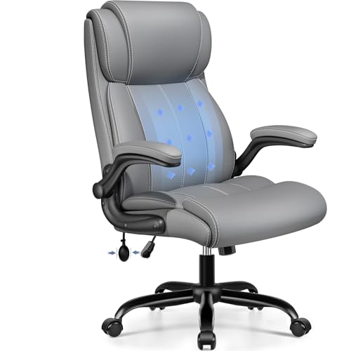 Image of BESTFAIR Ergonomic Office Chair - Desk Computer Chair, Leather High Back Executive Chairs with Adjustable Lumbar Support for Adults, Rolling Swivel Tilt, Gray