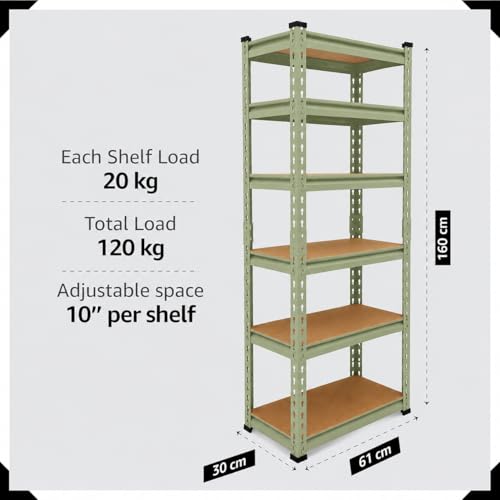Image of BonKaso Adjustable 6-Shelf Metal Storage Rack | Heavy-Duty Steel Boltless Rivet Utility Shelving Unit for Garage, Kitchen & Office | 62 Inches Height (62 x 24 x 12 in) - Olive Green