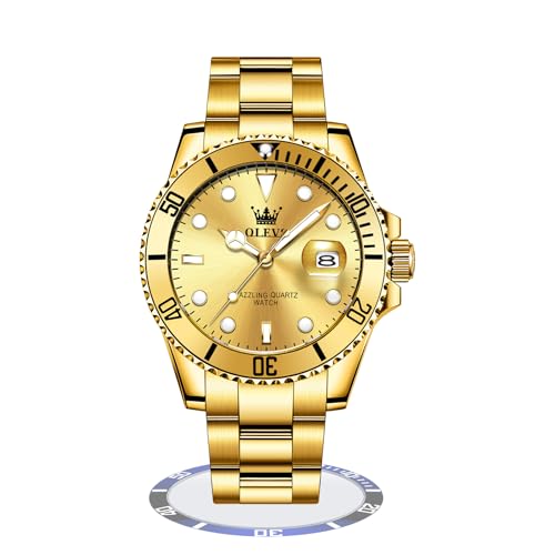OLEVS Goldene Uhr Herren Wasserdicht Luxus Quarz Analog Herrenuhren Edelstahl Stylish Leuchtende Armbanduhr Herren Großes Zifferblatt Metallarmband Uhren für Männer mit Datumsanzeige Geschenke
