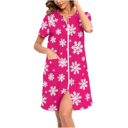 Women's Short Sleeve Christmas Robe Zipper Front Loungewear Dress Sleepwear Loose Nightgown Bathrobe with Pockets