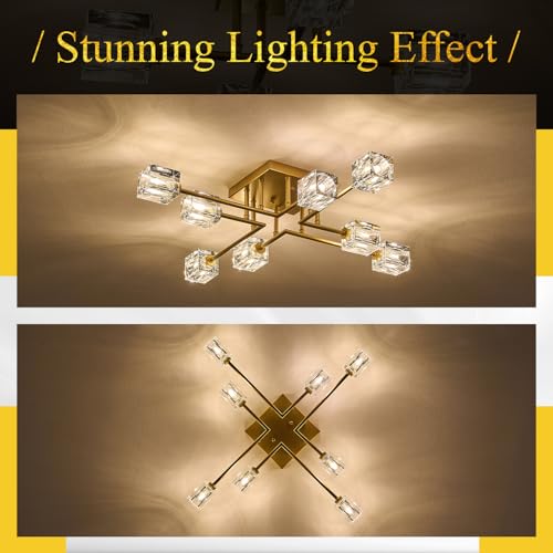 Image of 8-Light Gold Sputnik Chandeliers Modern Crystal Semi Flush Mount Ceiling Light Fixture L 31.5 inch Industrial Chandelier for Living Room Dining Room Foyer Entryway Kitchen Bedroom