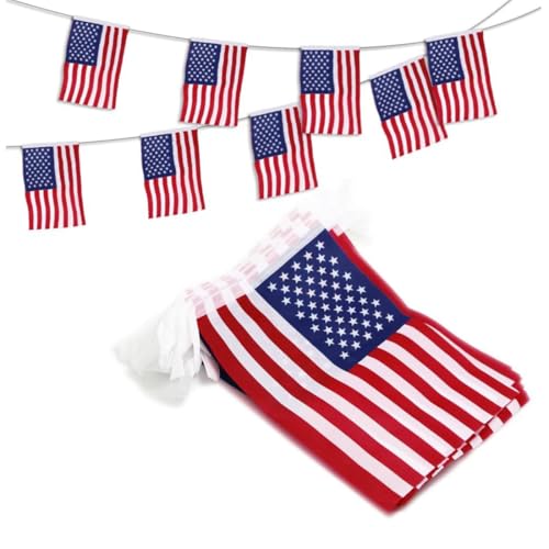 KEWUF Guirlanda bandeira dos Estados Unidos, 20 peças bandeiras da América 14 × 21 cm-5,5 m, 1 pacote bandeira para decoração europeia, eventos desportivos, jardim, barra, dia nacional, festa