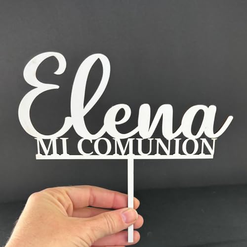 Adorno de Tarta Topper Cake Personalizado con tu nombre. Personaliza tu tarta con tu nombre en cada evento.para bautizo, cumpleaños y comunión. Cake topper madera o acrilico. (Madera Blanca)