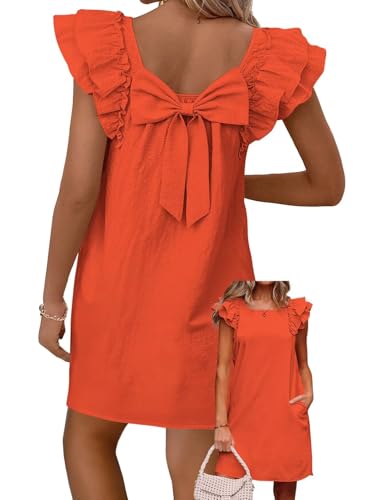 Image of Falechay Womens Summer Dresses Bow Tie Back Sundresses for Women Ruffle Short Sleeve Dress Casual Cute Sundress with Pockets