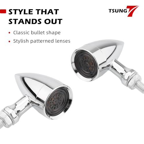 Image of TSUNG Universal Motorcycle LED Turn Signals Lights Small Bullet Front Rear Blinkers Tail Lights for Cruiser Chopper Bobber Cafe Racer Street Bike (4PCS-Chrome)