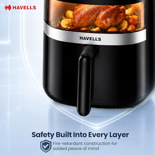 Image of Havells Prolife Stellar Chef Digital 5.5L Airfryer| Top Viewing Window| Silicon Coated Basket - No toxic fumes| Aerocrisp Technology| 3kV Surge Protection| Powered by Safeserve