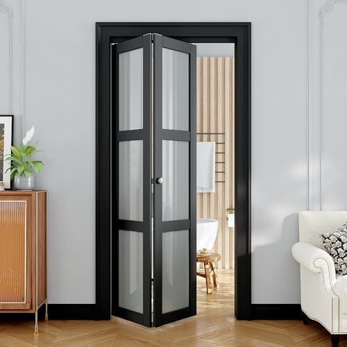 Bifold Doors for 36x 80 Opening 3-Lite Tempered Frosted Glass Bifold Closet Doors wit Hardware Kit Pre-Assembled CARB P2 MDF Panel for Pantry/Laundry/Closet with PVC Surface Black