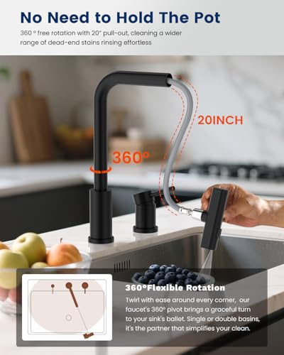 Image of 3 Hole Kitchen Faucet with Pull Down Sprayer and Soap Dispenser, Matte Black 3-Spray Modes Waterfall Kitchen Faucet Easy Installation for Modern Kitchen Sink, Stainless Steel