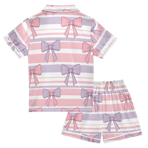 Satin Pajama Sets Short Sleeve Bow Stripes Pink Purple Background Button Down Silky Nightwear 2 Piece PJS 5-14Y2