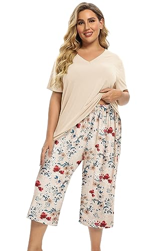 Image of Vozanet Women's Pajamas Set Soft V Neck Sleepwear Top and Capri Pj Lounge Sets Cartoon Heart Shape Cat Nighty Plus Size