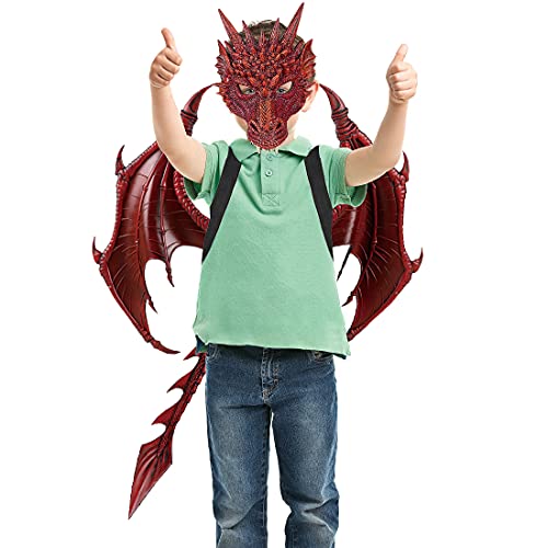 Darlion Dragon Wings Costume Children's Props Cosplay Wing Dinosaur Tail Mask Set for Kids (Red)