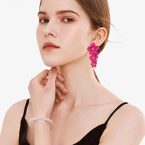 Three Layer Flower Earrings for Women Boho Statement Flower Earrings Bohemian Flower Dangle Earrings Flower Jewelry Gift (Hot Pink)2