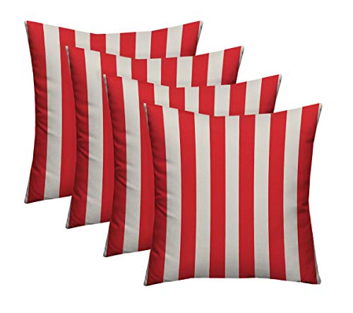 RSH Décor Set of 4 - Indoor / Outdoor Red & White Cabana Stripe Decorative Square Throw / Toss Pillow - Choose Size and Choose Color