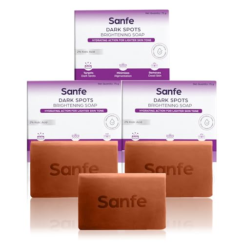 Image of Sanfe Soaps Kojic Acid Soap for Bath | Detan Soap | Dark Spots Brightening & Pigmentation Removal | Skin Whitening Soap Bar | Tanning Removal Soap for Men & Women | 75g | Pack of 3