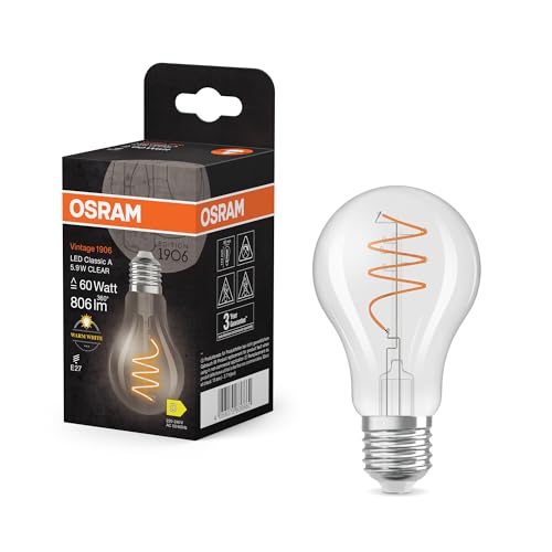 Osram Vintage 1906 Classic ist eine warmweiße LED-Lampe mit spiralförmigem Filament in klassischer Kolbenform. Sie bietet 5.9 W für 806 lm, E27 Fassung, klarfarbenes Glas, 60 mm Durchmesser, 2700 K.