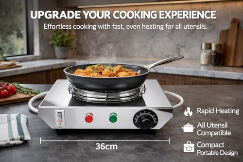 Image of Steeple 2000W Electric Infrared Stove | Stainless Steel Cooktop | All Utensil Compatible | Fast Heating Cooktop with Temperature Control Knob | Portable Kitchen Stove for Home