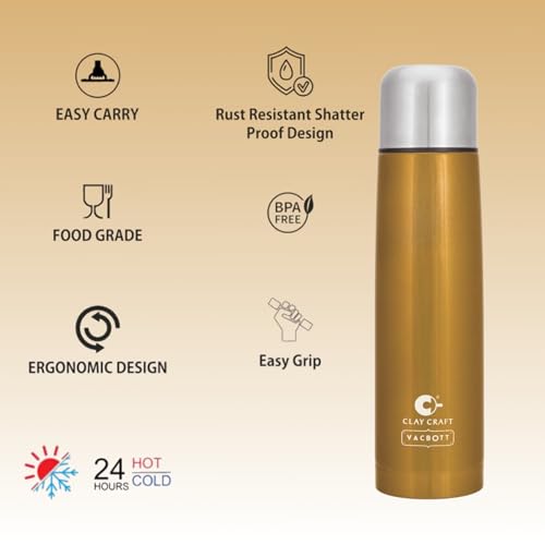 Image of Clay Craft VACBOTT Terra Double Walled 18 Hours Hot and 24 Hours Cold Water Bottle-1000ML, 2-Piece(Gold) Leak Proof|Easy to Carry|Gym Bottle|Home|Kitchen|Hiking|Travel Bottle|BIS Certified
