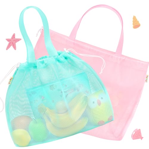 Tagitary Beach Toys Kids Beach Bag Tote with Drawstring, Pink Blue Mesh Bag Travel Beach Essentials for Kids Swim Pool Gym Bag Camping Accessories Toys Storage Lightweight Foldable Birthday Gifts