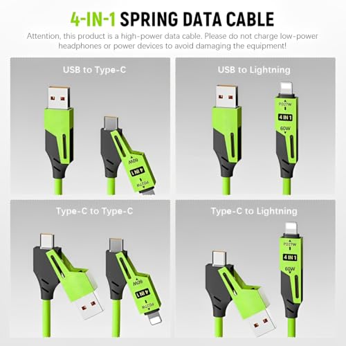 Image of Verilux 4 in1 C Type Charger Cable with Spring, PD60W Type C Cable Fast Charging, 480Mbps Data Transfer USB to Type C Cable, Multi Adjustable Cable with Type C /USB A /Light-ning Port for iPhone 16 /15