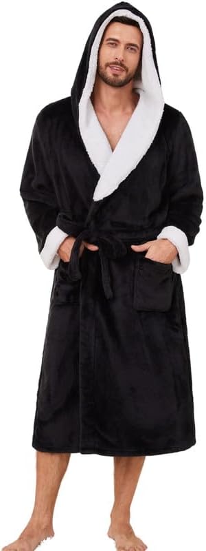 Vulcanodon Mens Ultra Soft Plush Bathrobe with Hood, Warm Fleece Robe with Pockets Spa Robes for Men Cozy Fluffy Fuzzy