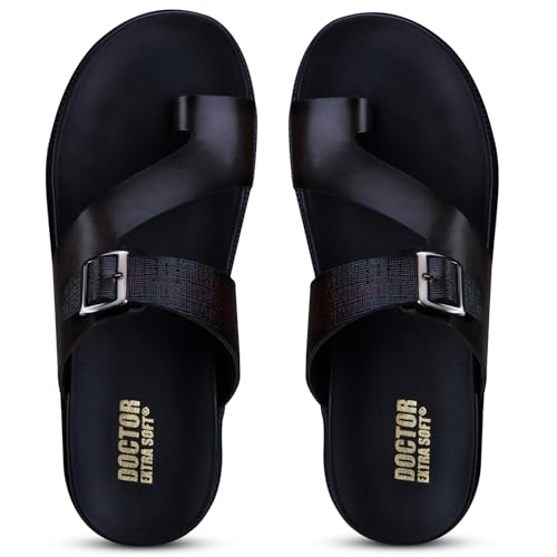 Image of DOCTOR EXTRA SOFT Men's Classic Casual Original Leather Thong Black /Brown Sandals /Chappals with Memory Foam Cushion| Stylish & Non-Slip|Comfortable | Lightweight |Flip flops Slippers Gents & Boys F-1