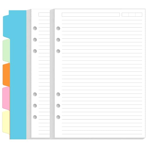 A5 Refill Paper - 6 Hole Planner Inserts for A5 Binder 200 Pages 6 Ring Loose Leaf Lined Paper with 5 Colorful Binder Dividers 5.8 x 8.5