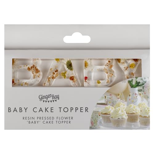 Ginger Ray Resin Pressed Flowers 'Baby' Cake Topper Baby Shower Cupcake Topper Decorations 4 Pieces
